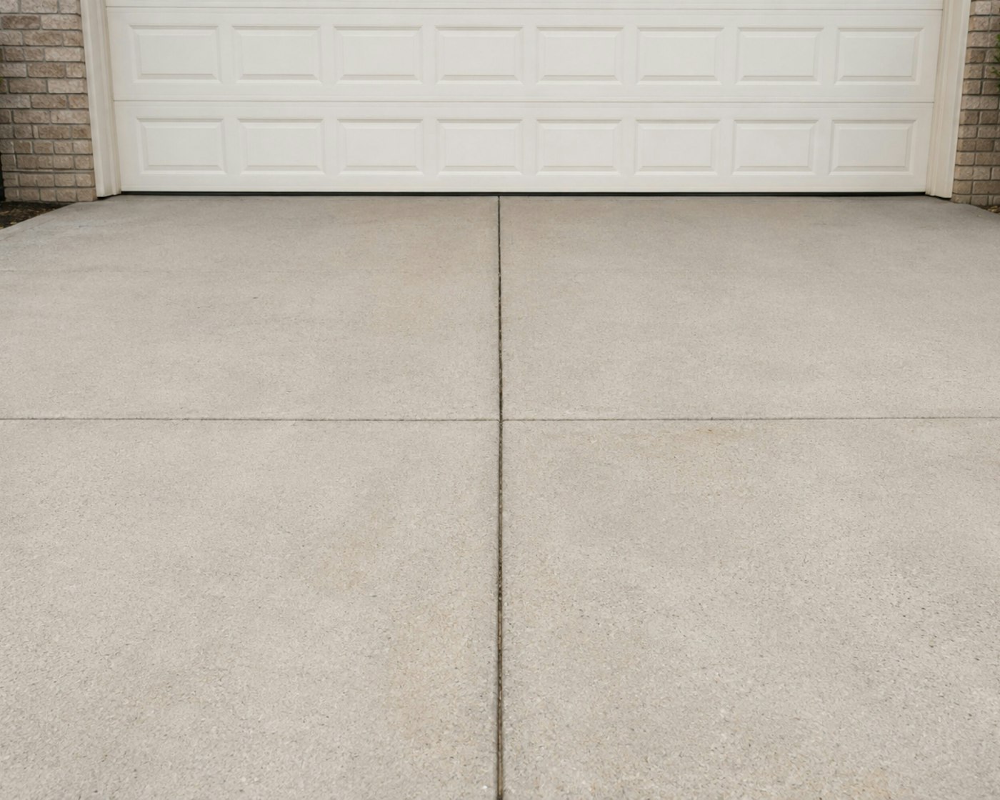 Allée en béton devant une porte de garage blanche