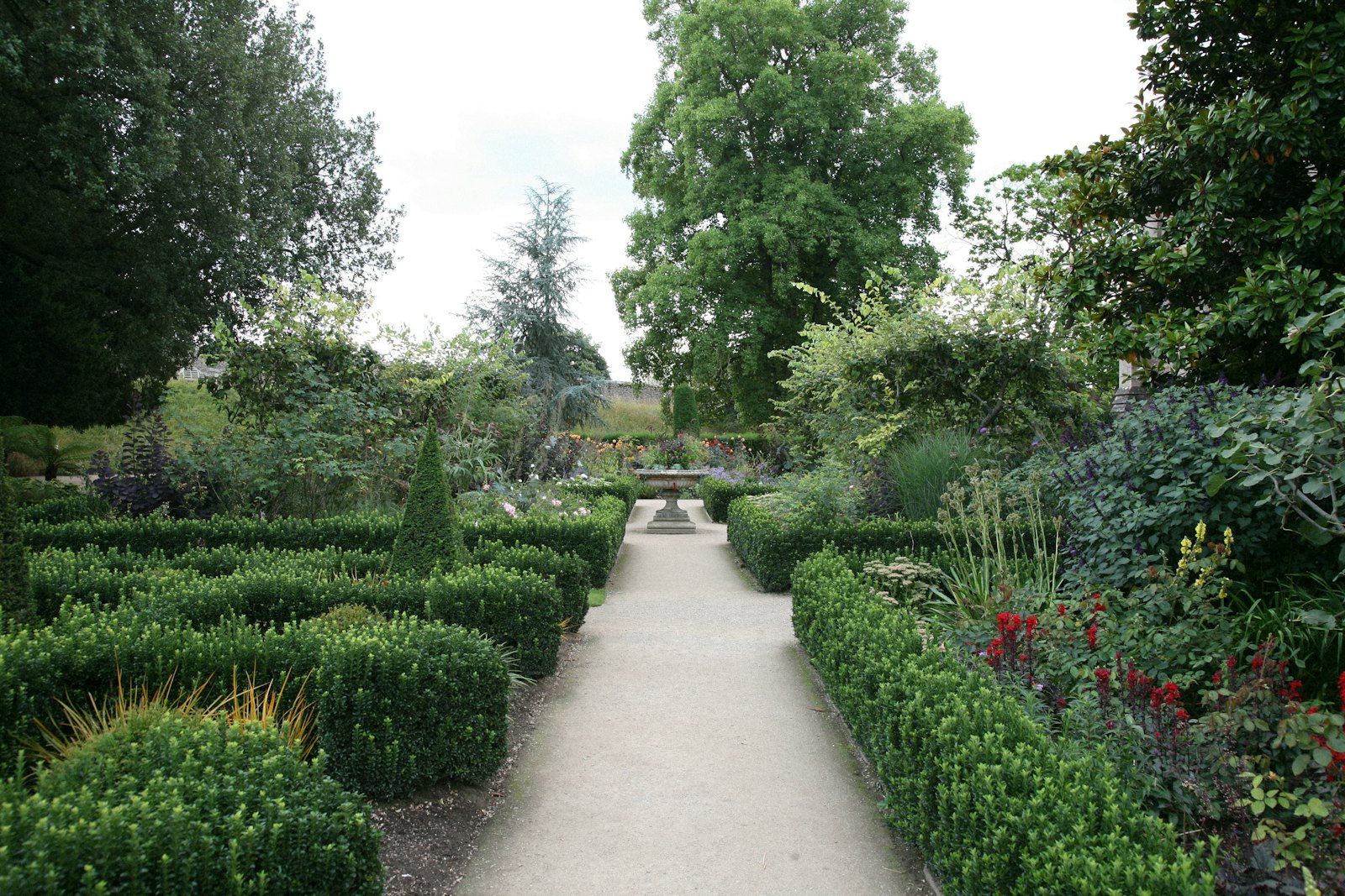 Allée de jardin bordée de buis taillés et de massifs fleuris
